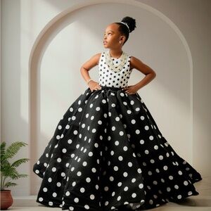 Girls Black & White Polka Dot Ball Gown